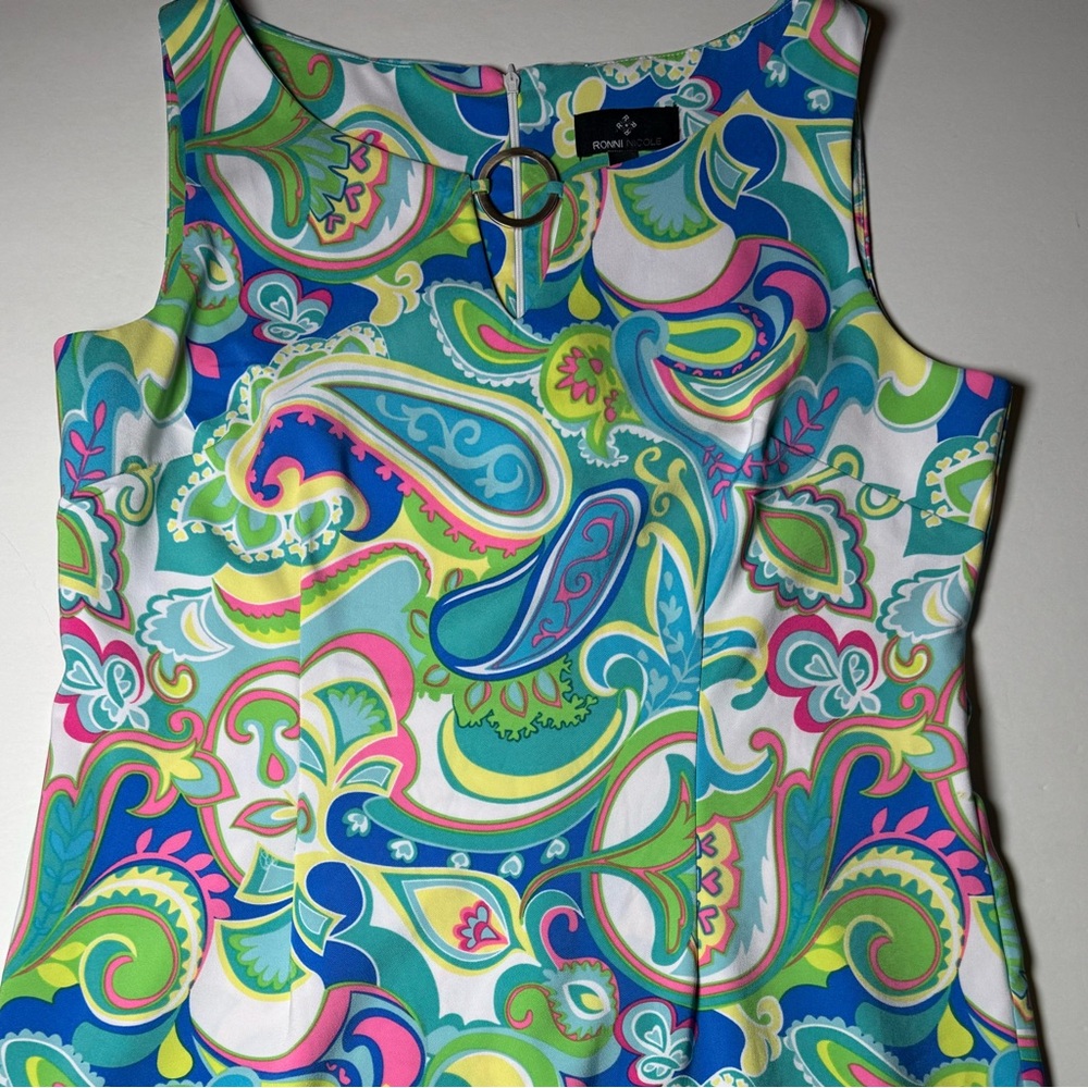 Ronni Nicole Size16 Bright Paisley Shift Dress Sleeveless Mod Preppy
